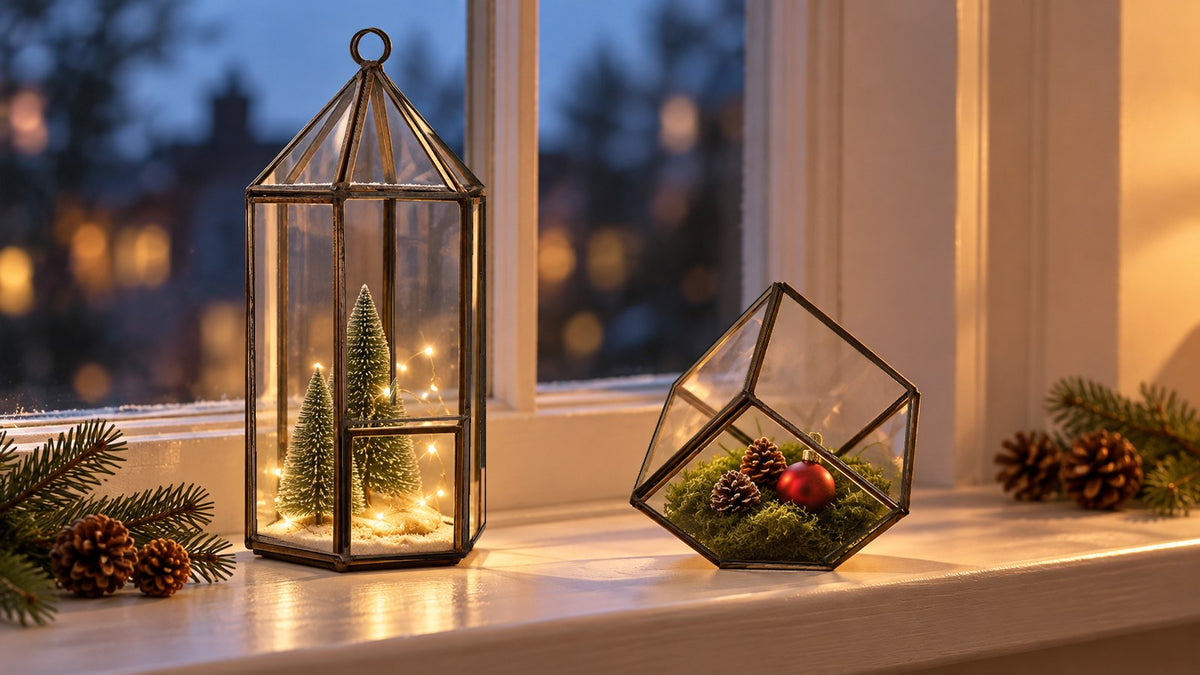 Christmas terrariums on a windowsill at dusk: a lantern terrarium with white sand, mini bottle-brush trees and battery micro lights, and a cube terrarium with moss, pine cones and a red bauble