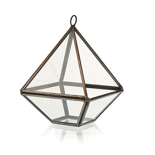 Geometric brass-framed glass terrarium with clear panels