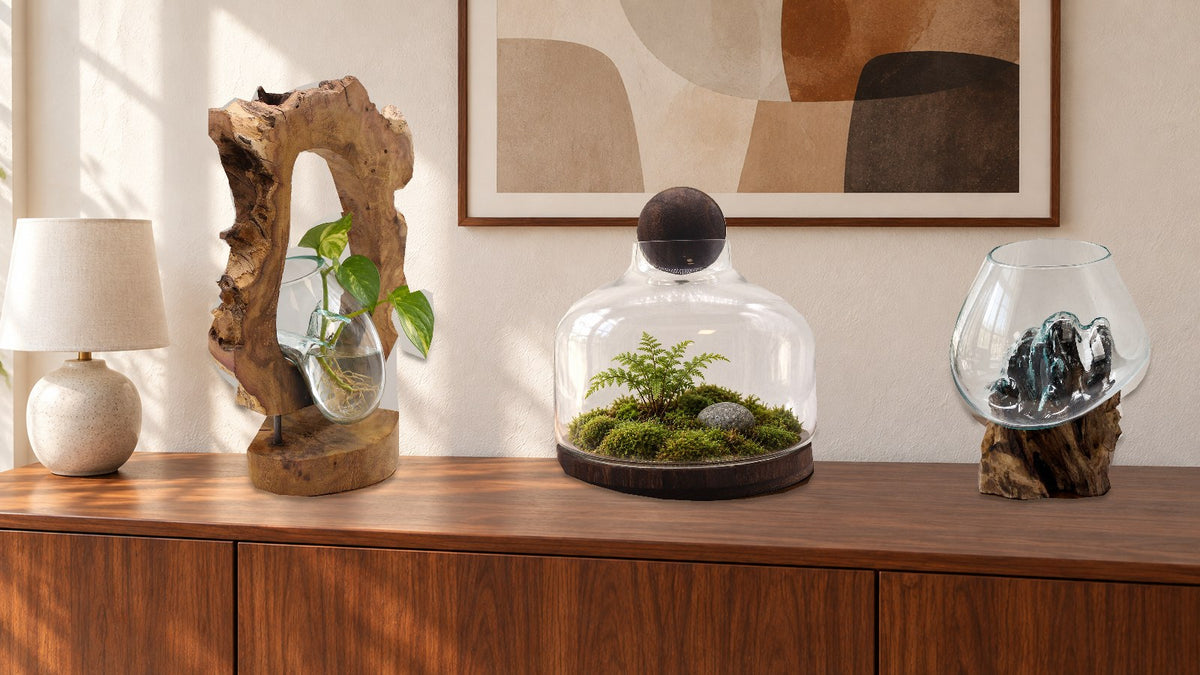 Walnut sideboard styled with a hanging glass vase on wood holding a rooting cutting, a ball top terrarium with moss and a fern, and a glass bowl on wood, under an abstract print