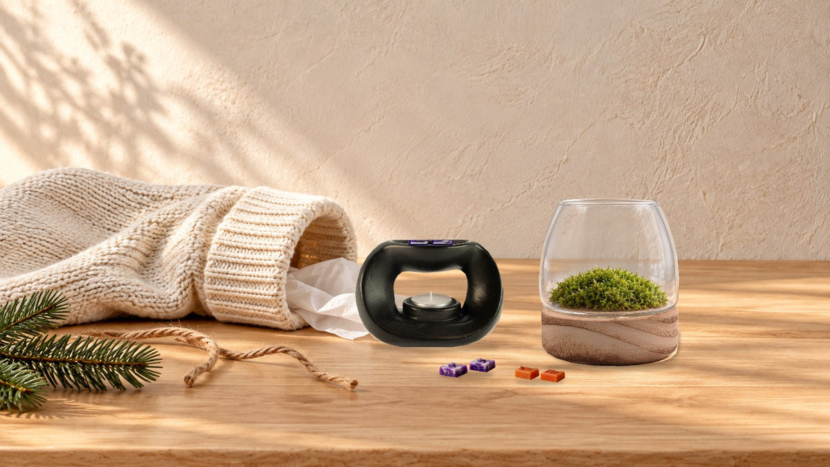 Cream knitted stocking with a matt black pebble wax burner, purple and orange crystal wax melt squares and a mini glass terrarium with moss beside it