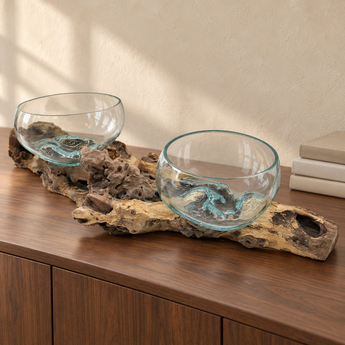 Extra large double molten glass piece on wood, both bowls empty, on a walnut sideboard
