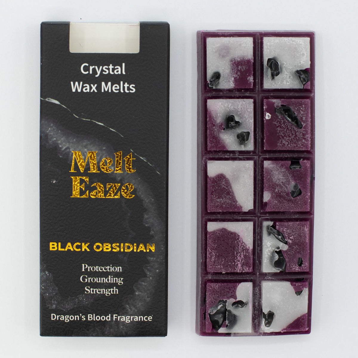 Obsidian Shield crystal wax melt snap bar in black, Dragon's Blood fragrance, view 4