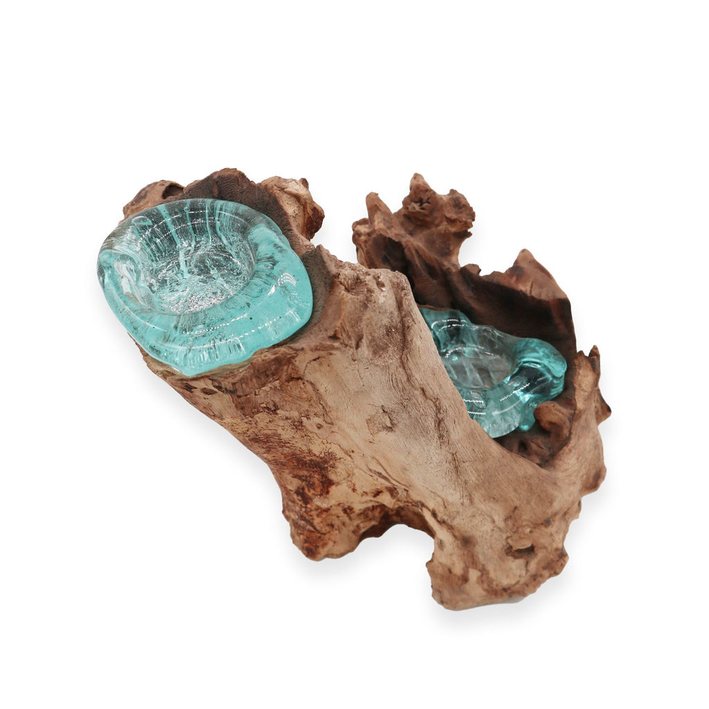 Molten Glass on Wood Double Candle Holder (Hand-Blown Recycled Glass)