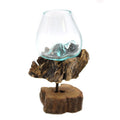 Medium molten glass on wood bowl, hand-blown recycled glass fused over reclaimed Balinese gamal wood, on a matching wooden stand