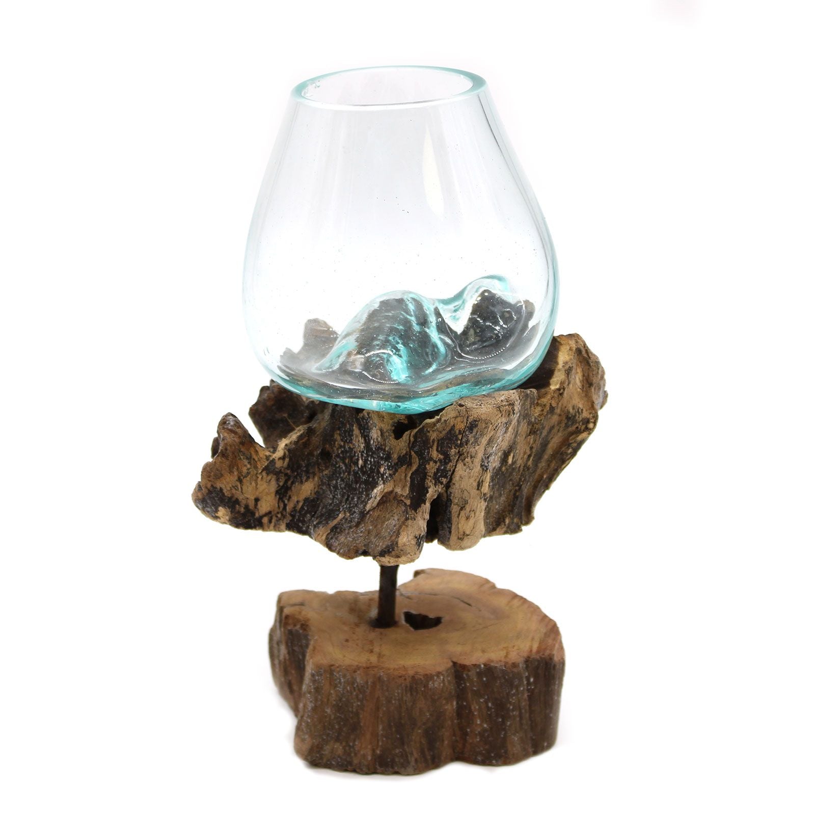 Medium molten glass on wood bowl, hand-blown recycled glass fused over reclaimed Balinese gamal wood, on a matching wooden stand