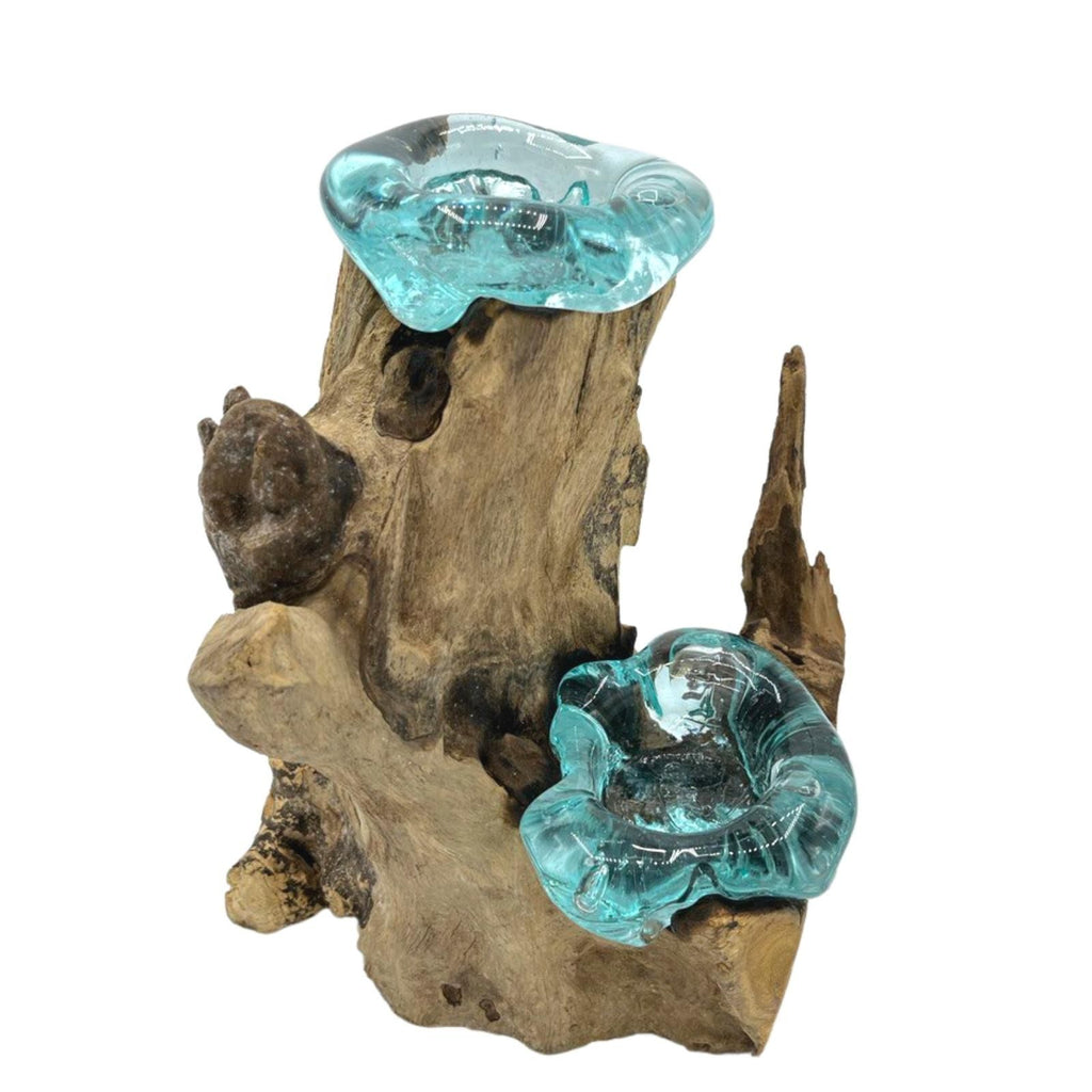 Molten Glass on Wood Double Candle Holder (Hand-Blown Recycled Glass)