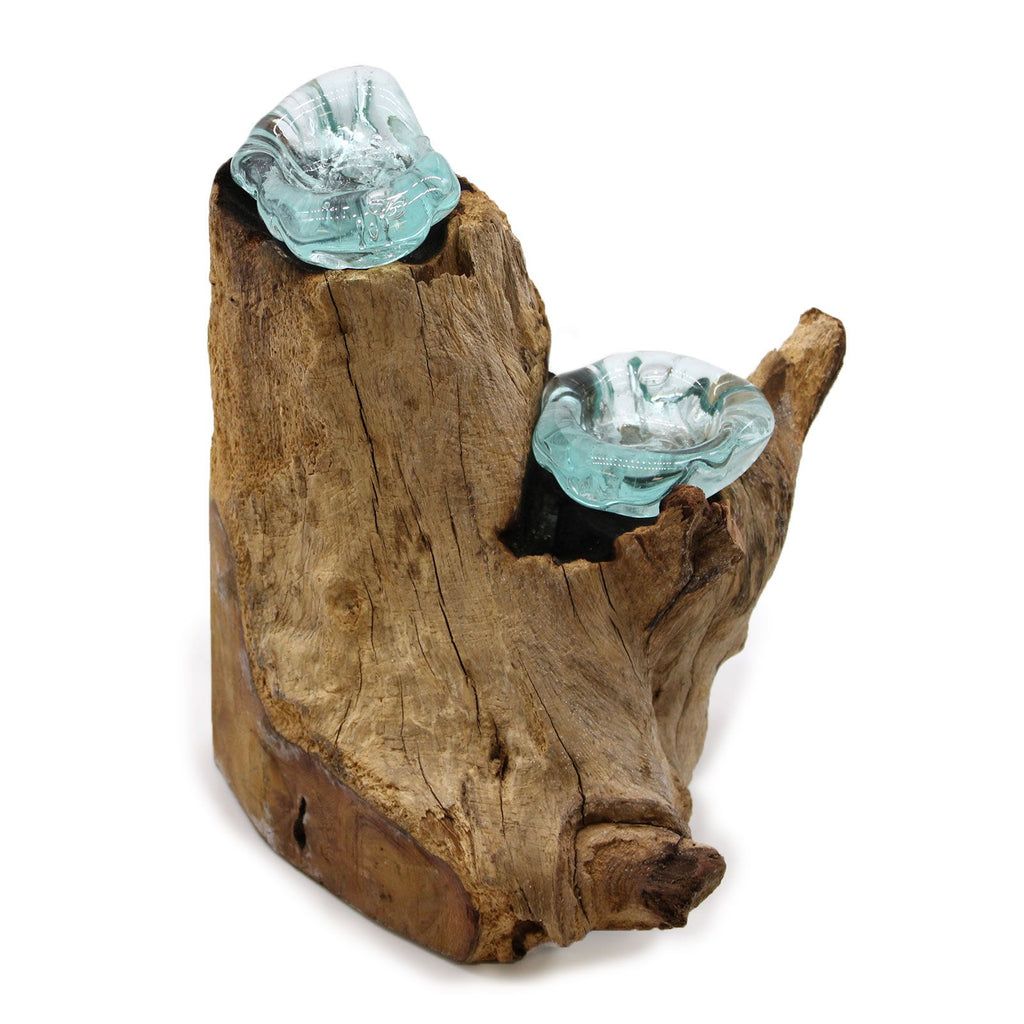 Molten Glass on Wood Double Candle Holder (Hand-Blown Recycled Glass)