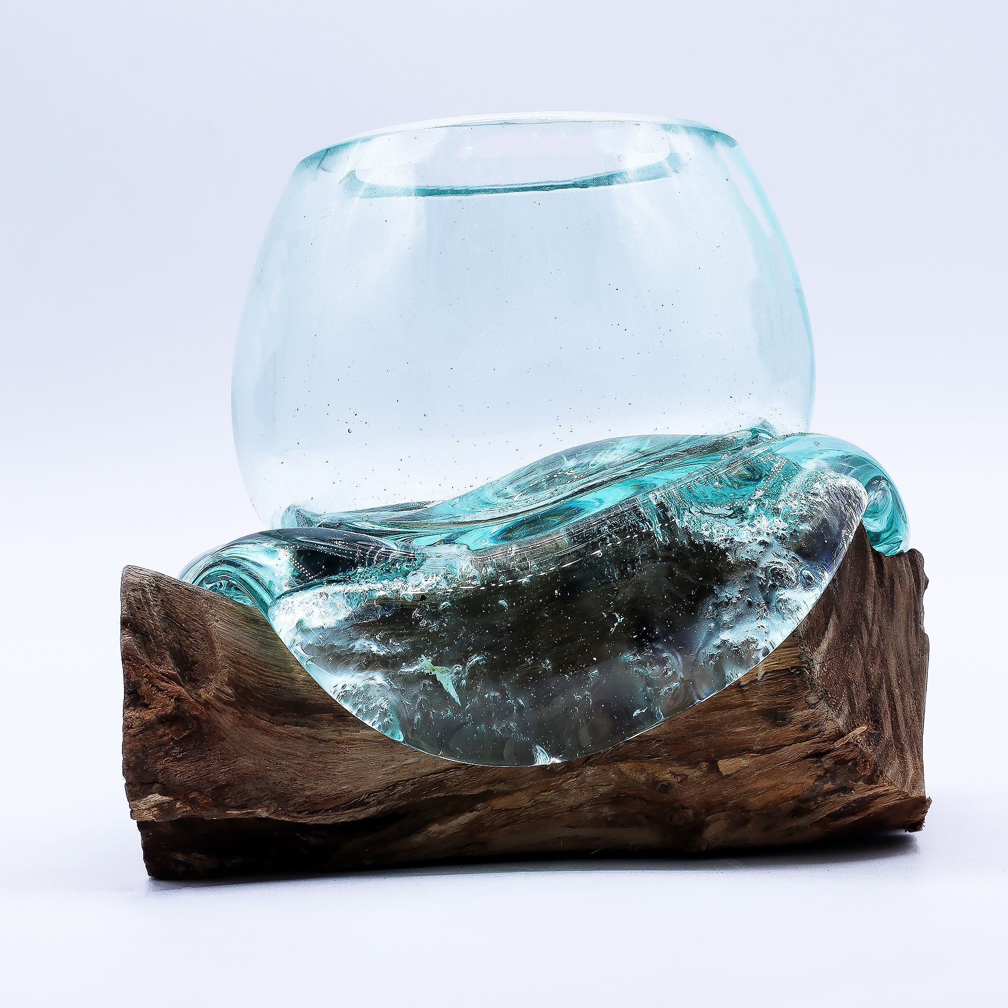 Molten Glass on Wood Bowl, 20cm Goldfish Bowl (Recycled Glass)
