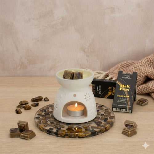 Tigereye Strength crystal wax melt snap bar in earthy brown, vanilla sandalwood fragrance