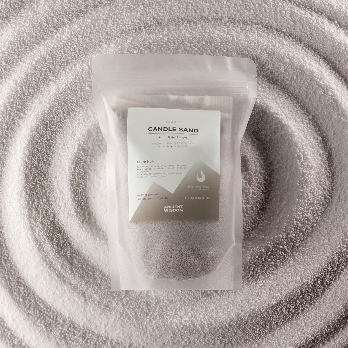 Azure Noir fragranced candle sand in warm grey