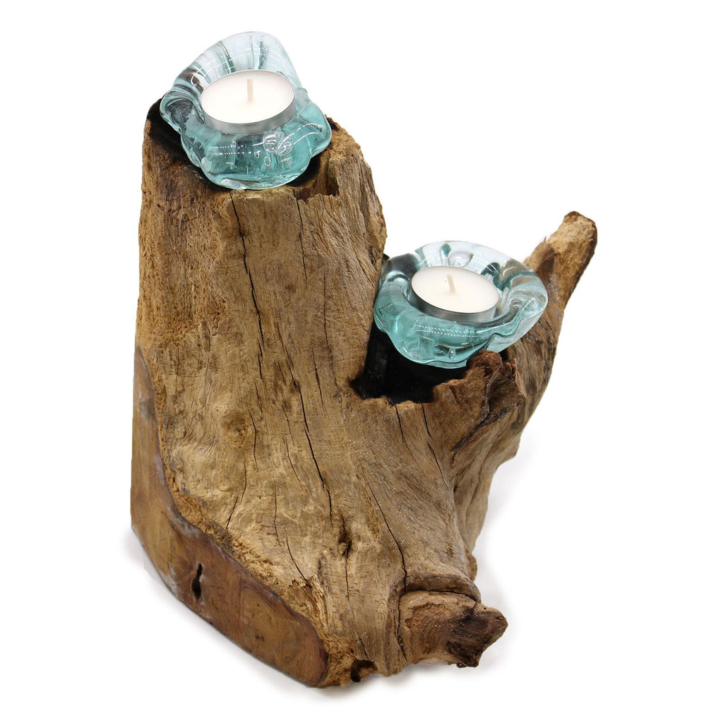 Molten Glass on Wood Double Candle Holder (Hand-Blown Recycled Glass)