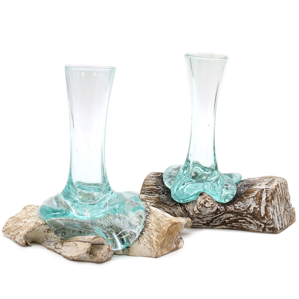 Small molten glass on wood vase, hand-blown recycled glass fused over whitewashed reclaimed Balinese gamal wood, handmade in Bali