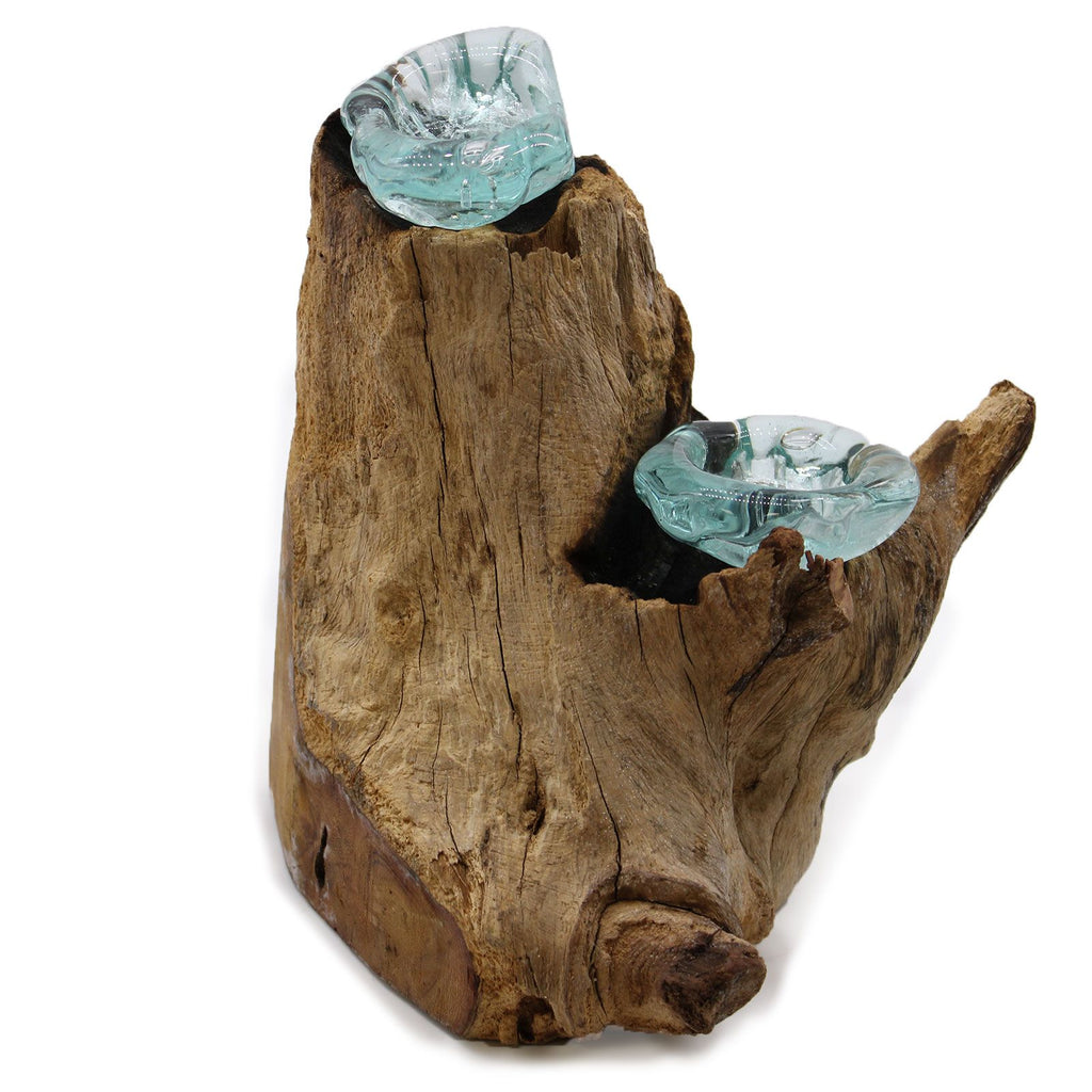 Molten Glass on Wood Double Candle Holder (Hand-Blown Recycled Glass)