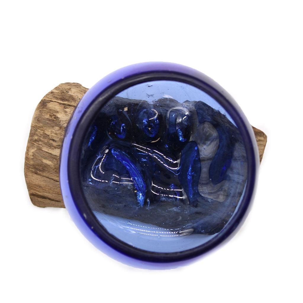 Molten Glass on Wood Bowl, Mini Blue (Hand-Blown Recycled Glass)