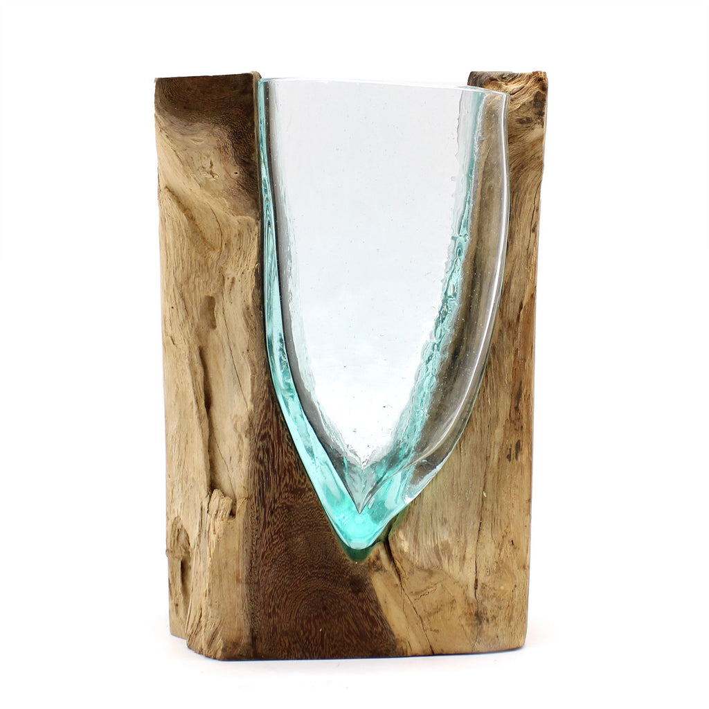 V-shaped molten glass on wood vase, hand-blown recycled glass fused over reclaimed Balinese gamal wood, handmade in Bali