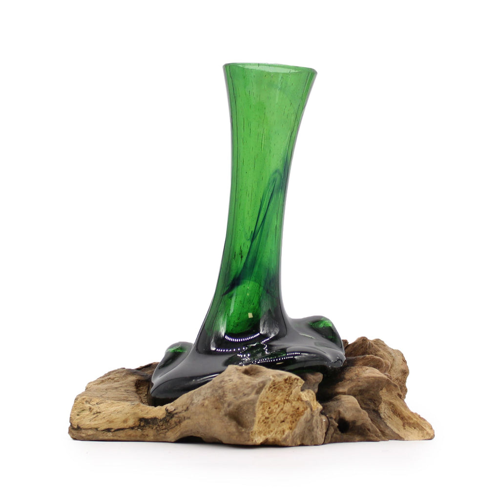 Hand-blown recycled beer-bottle glass flower vase fused onto a reclaimed Balinese gamal wood base, one of a kind.