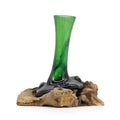 Hand-blown recycled beer-bottle glass flower vase fused onto a reclaimed Balinese gamal wood base, one of a kind.