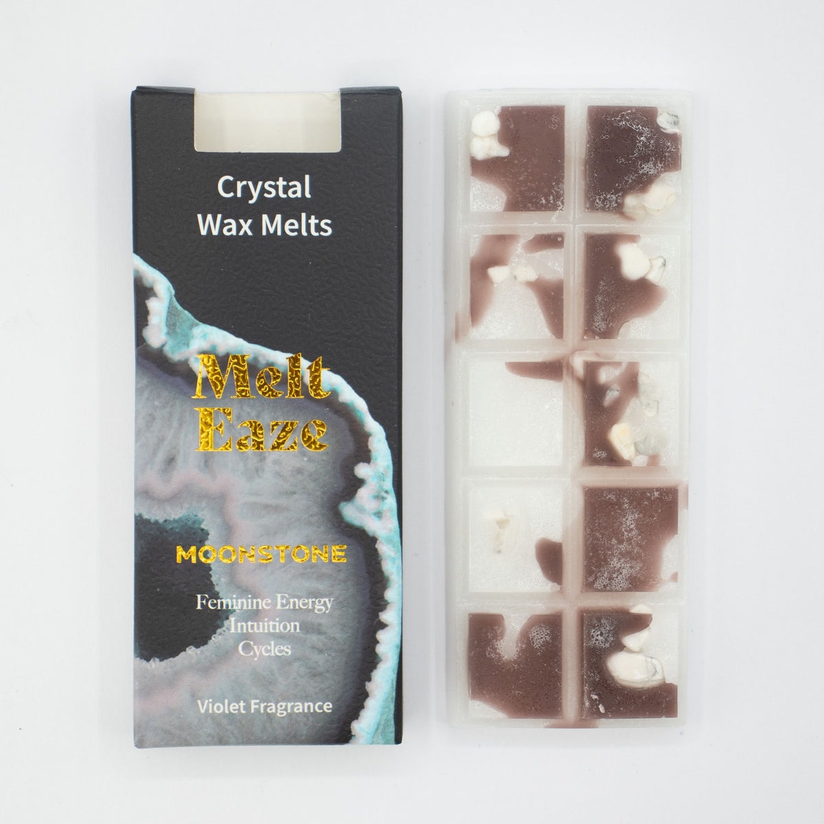 Moonstone Glow crystal wax melt snap bar in pearly white, violet fragrance, view 3