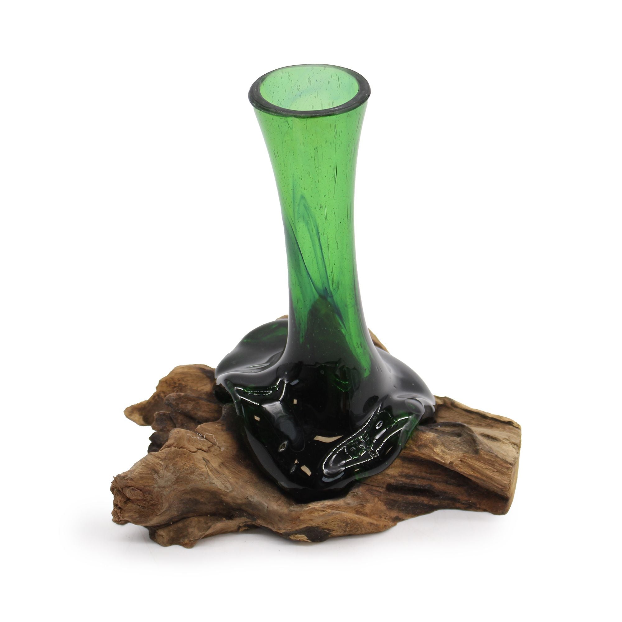 Recycled Glass Flower Vase on Wood, Hand-Blown Bottle Glass