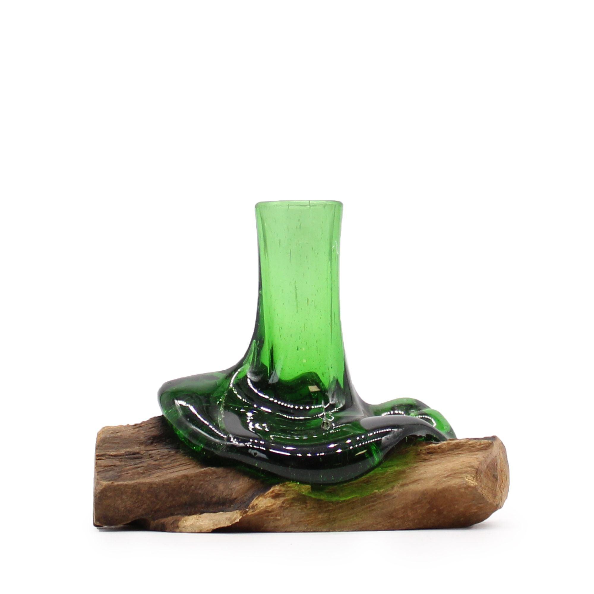 Hand-blown recycled beer bottle glass mini bud vase fused over reclaimed Balinese gamal wood base, organic green glass