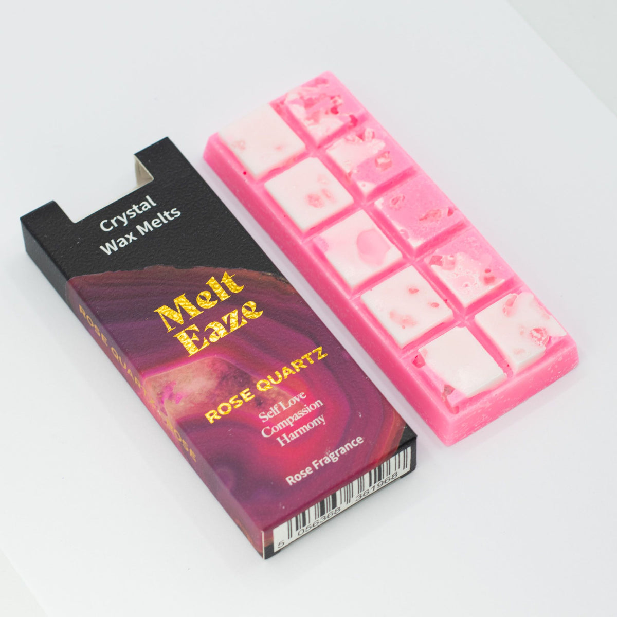 Rose Quartz Love crystal wax melt snap bar in soft pink, rose fragrance, view 2