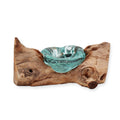 Molten glass on wood candle holder in hand-blown recycled glass fused over reclaimed Balinese gamal wood, handmade in Bali