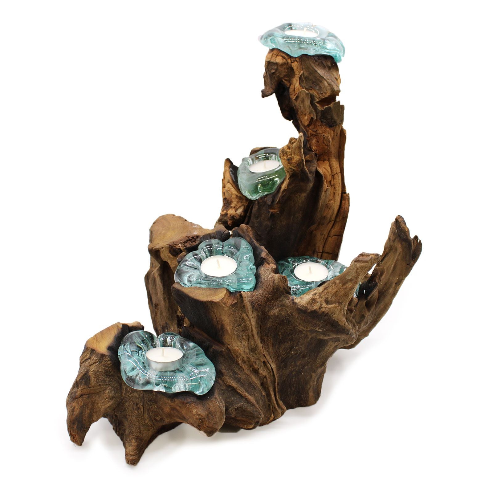Molten Glass on Wood Candle Holder, Five Tealights (Recycled Glass)