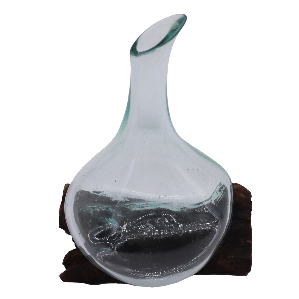 Molten Glass on Wood Decanter, Mini 20cm (Hand-Blown Recycled Glass)