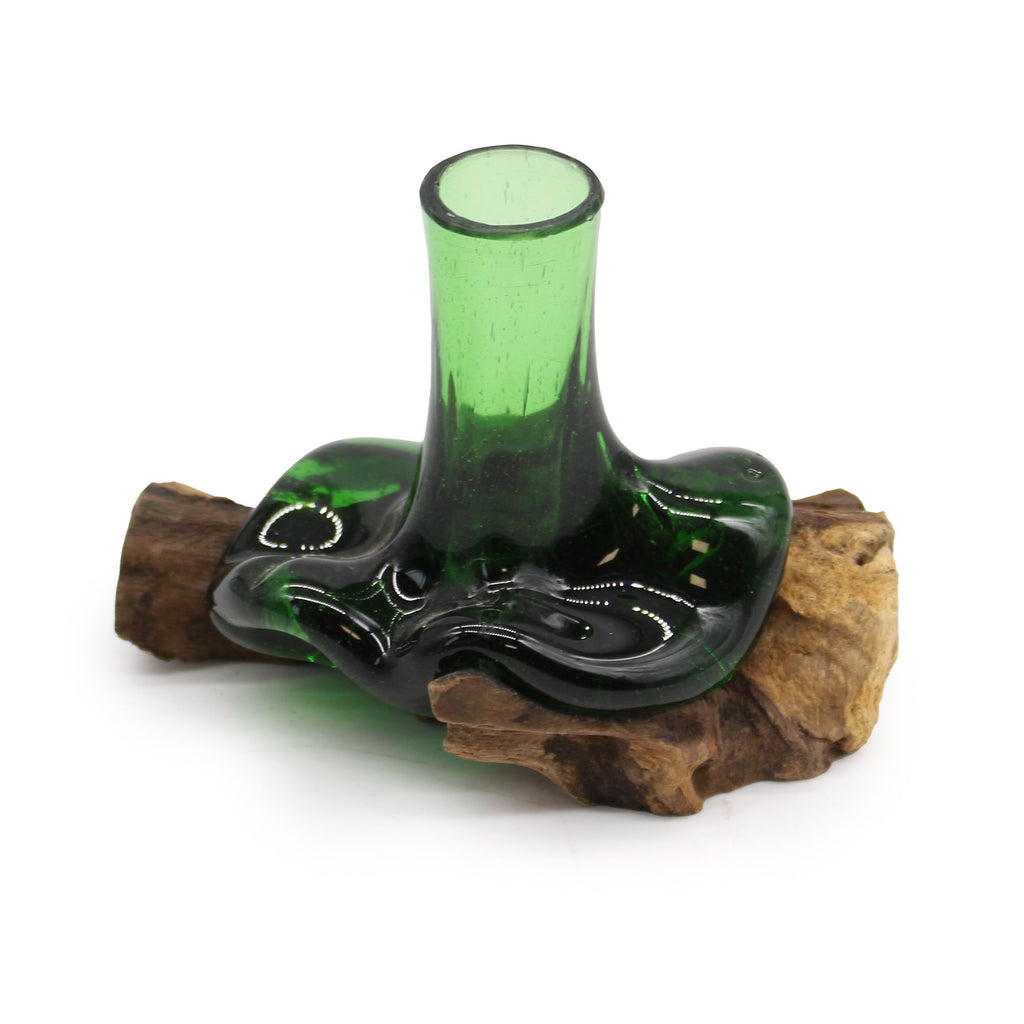 Recycled Beer Bottle Glass Mini Vase on Wood, Hand-Blown