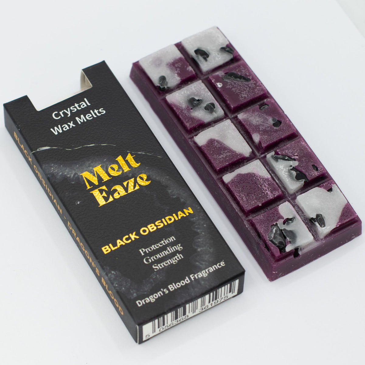 Obsidian Shield crystal wax melt snap bar in black, Dragon's Blood fragrance