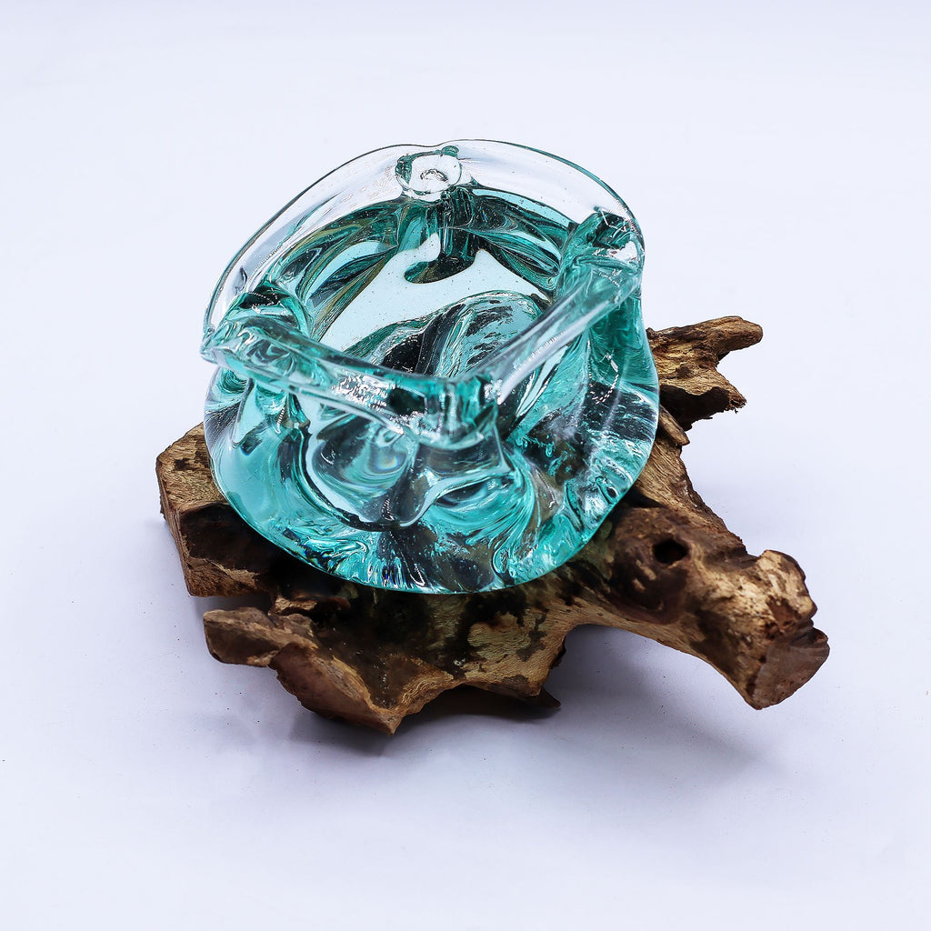 Molten Glass on Wood Candle Holder & Ashtray, 23cm (Recycled Glass)