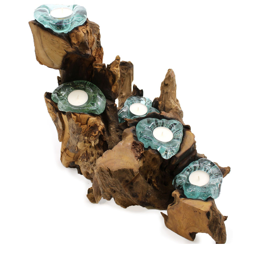 Molten Glass on Wood Candle Holder, Five Tealights (Recycled Glass)