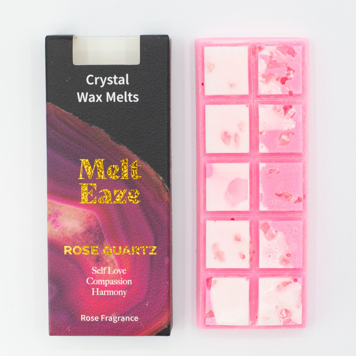 Rose Quartz Love crystal wax melt snap bar in soft pink, rose fragrance, view 3