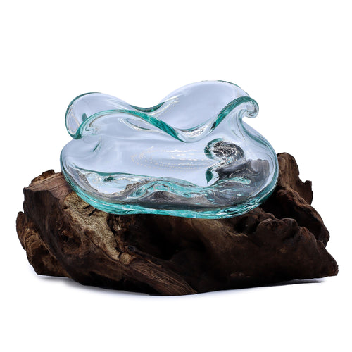 Hand-blown recycled glass on wood bowl with wavy clear rim fused over reclaimed Balinese gamal wood, 18cm decorative centrepiece
