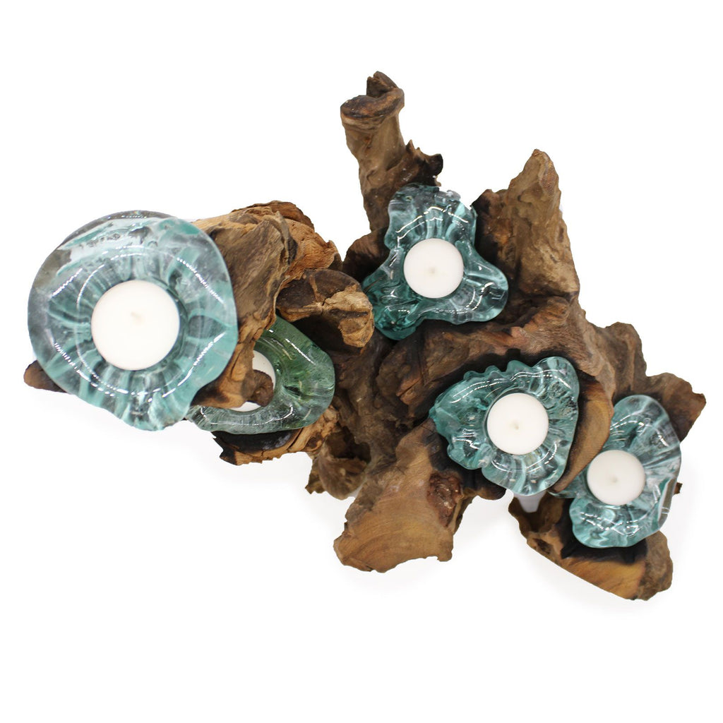 Molten Glass on Wood Candle Holder, Five Tealights (Recycled Glass)