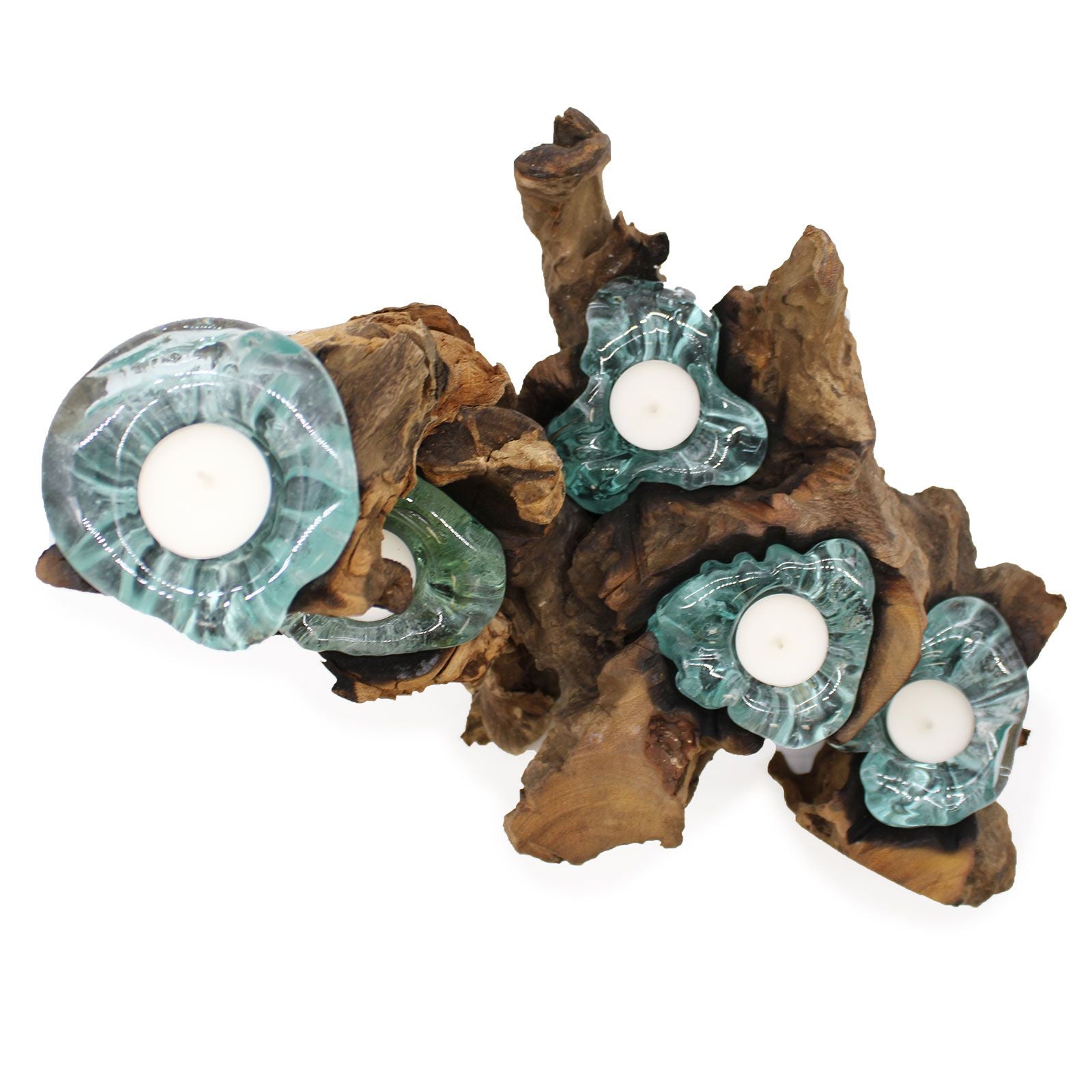 Molten Glass on Wood Candle Holder, Five Tealights (Recycled Glass)