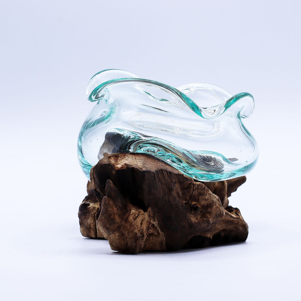 Molten Glass on Wood Bowl, 18cm Wavy (Hand-Blown Recycled Glass)