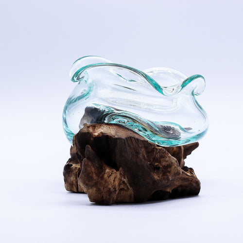 Molten Glass on Wood Bowl, 18cm Wavy (Hand-Blown Recycled Glass)