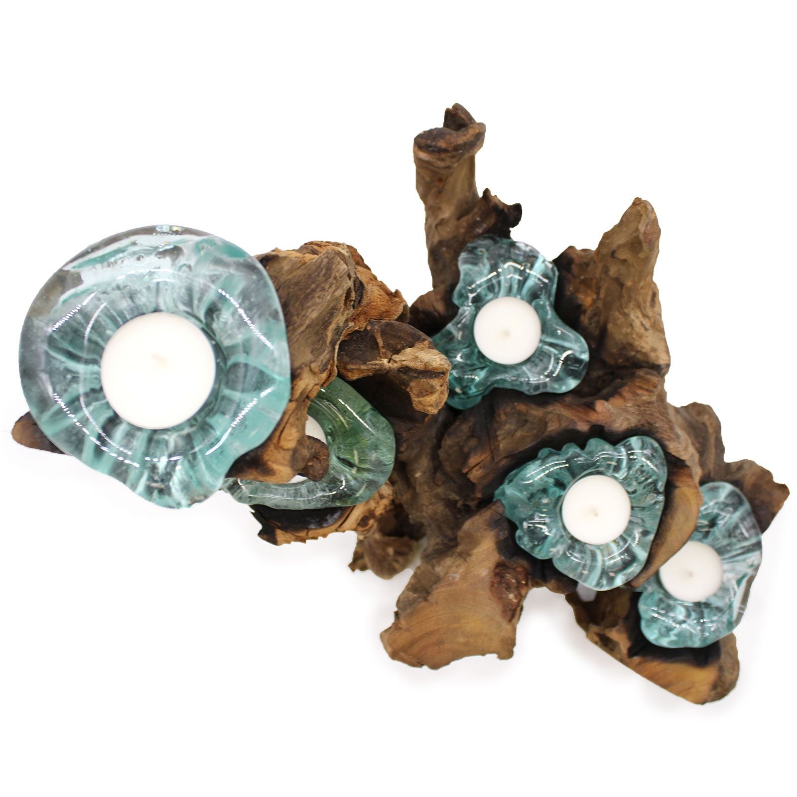 Molten Glass on Wood Candle Holder, Five Tealights (Recycled Glass)
