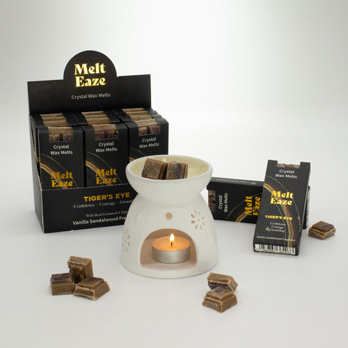 Tigereye Strength crystal wax melt snap bar in earthy brown, vanilla sandalwood fragrance, view 2