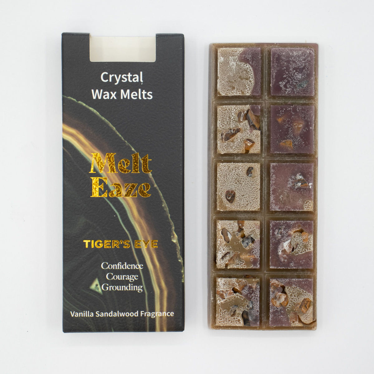 Tigereye Strength crystal wax melt snap bar in earthy brown, vanilla sandalwood fragrance, view 4