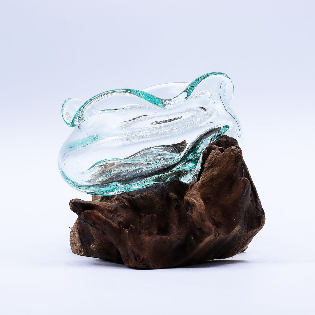 Molten Glass on Wood Bowl, 18cm Wavy (Hand-Blown Recycled Glass)