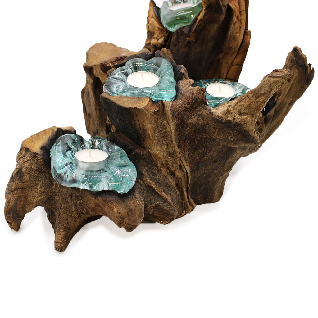 Molten Glass on Wood Candle Holder, Five Tealights (Recycled Glass)