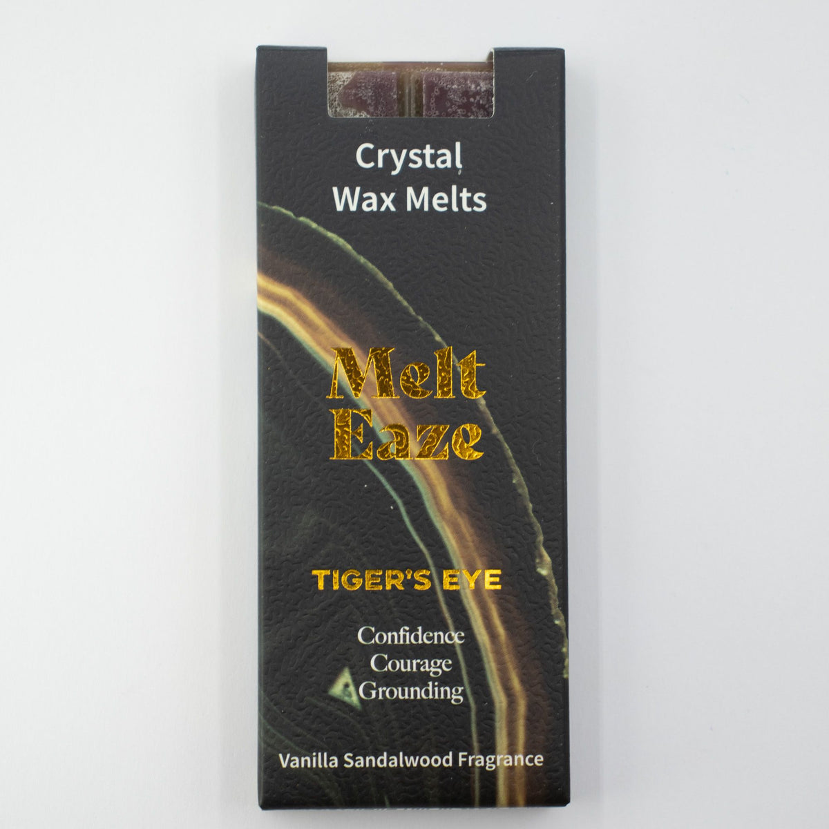 Tigereye Strength crystal wax melt snap bar in earthy brown, vanilla sandalwood fragrance, view 3