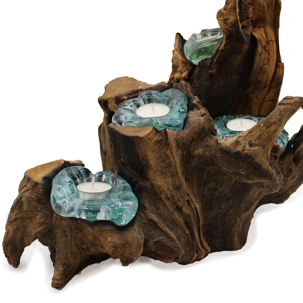 Molten Glass on Wood Candle Holder, Five Tealights (Recycled Glass)