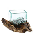 Small molten glass on wood bowl, hand-blown recycled glass fused over reclaimed Balinese gamal wood on a carved stand