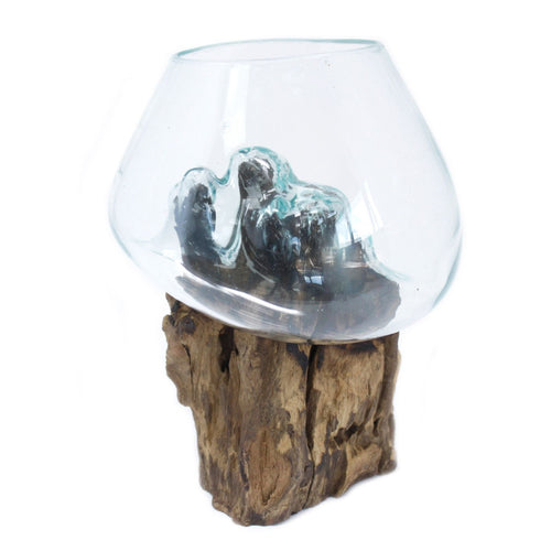 Molten Glass on Wood Bowl, Large (Hand-Blown Recycled Glass)