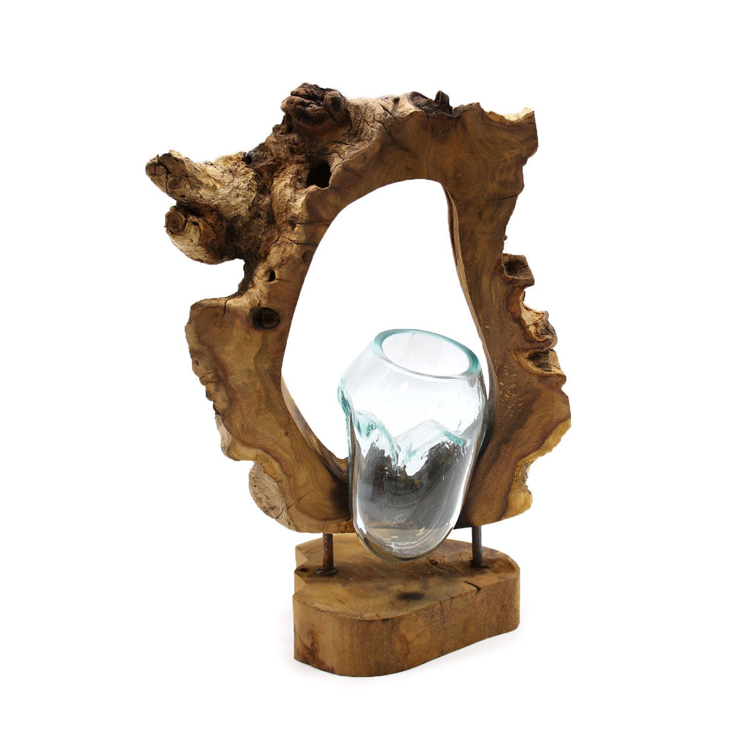 Molten Glass on Wood Hanging Vase (Hand-Blown Recycled Glass)