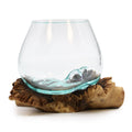 Small molten glass on wood bowl, hand-blown recycled glass fused over reclaimed Balinese gamal wood, handmade in Bali