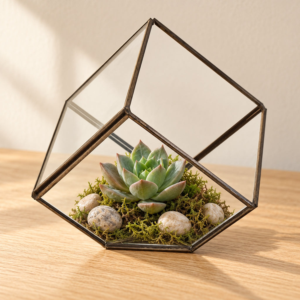 Cube on corner glass terrarium planted with a succulent, moss and pebbles, on an oak desk